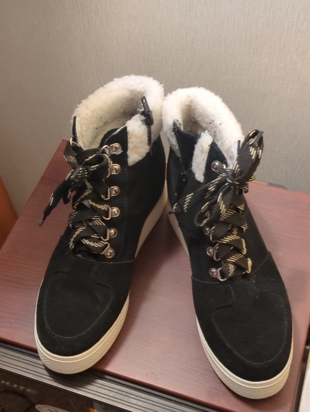 Steve Madden Lakes Wedge Sneaker Women’s Black Faux-Shearling High Top Sneakers
